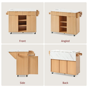 English Elm K&k Fluted Rolling Kitchen Island Faux Marble Top Power Outlet Drop Leaf Storage Natural N707S000019Y