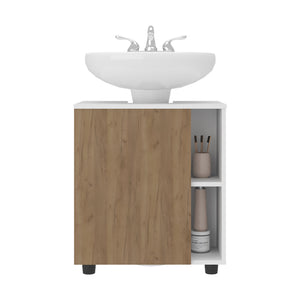 English Elm Storage Cabinet with 4 Shelves and Single Door, 24.4" H on Legs — Compact Bathroom Organizer, Eco-Friendly Compliance White+Natural 27.17 L x 21.65 W x 5.91 H B097P395866