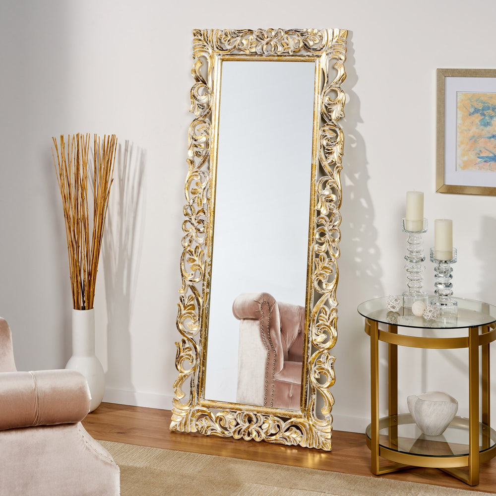 English Elm Christopher Knight Home® - RECTANGLE Hand-Carved Floral Standing Mirror, Distressed White & Gold Frame, Tempered Glass, 72" Tall 67058.00