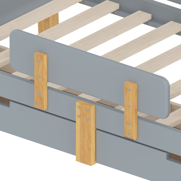 English Elm Twin Low Profile Kids Floor Bed Pine Wood Frame with Safety Rail and Built in Bookshelf Gray W1580P373243