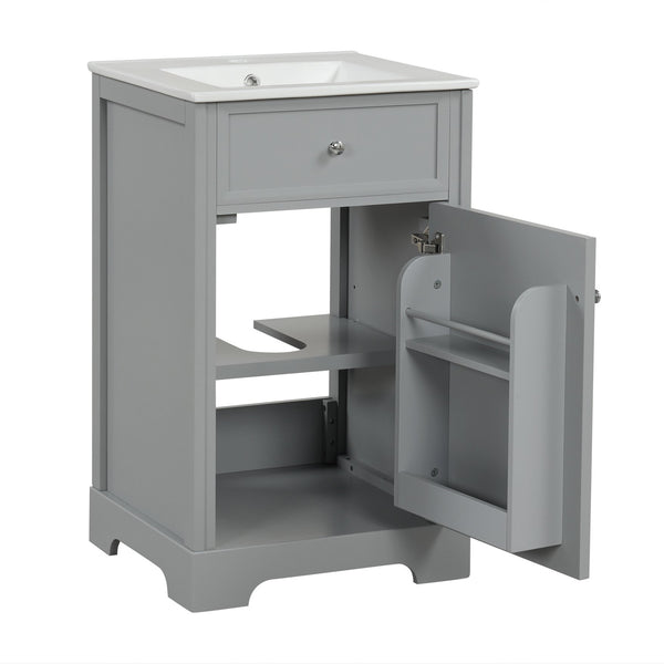 English Elm 20" Bathroom Vanity with Ceramic Sink, MDF Construction, Soft-Closing Door, Storage Rack & Shelf Grey N725P218017E
