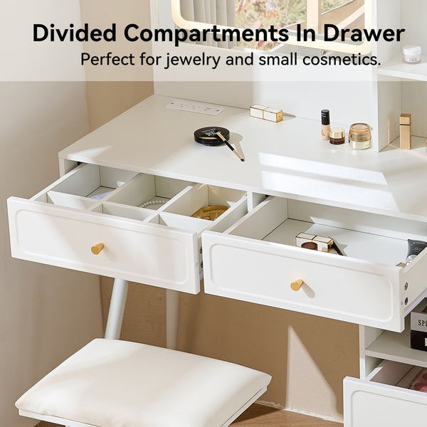 English Elm Modern Makeup Vanity Desk with LED 3-Color Mirror, Built-In Power Station, Sliding Cabinet, Stool White N844P288432A