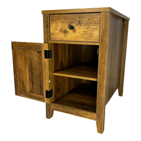 English Elm Farmhouse Nightstand with Charging Station and Barn Door Drawer — USB-C, AC Outlets, Compact Storage Antique brown W1412P230409