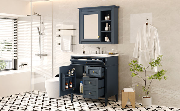 English Elm 30'' Bathroom Vanity Set With Mirror & Storage – Modern Freestanding Design, Ceramic Sink & Drawers SW000127AAC-1
