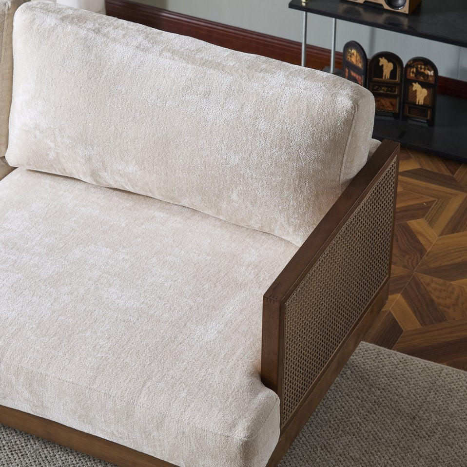 English Elm Christopher Knight Home® - EMIR Bouclé 72" Square Arm 3-Seater Sofa with Cane Rattan Panels, Solid Wood Frame, Cozy Comfort Walnut N773P285909W