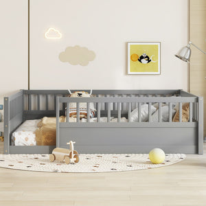 English Elm Full Montessori Floor Bed Frame with Fence for Kids — Pine Play & Reading Space, Sturdy Low Profile Gray W1580P307886