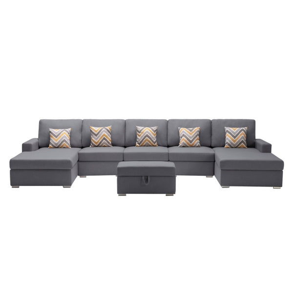 English Elm Nereo Gray Linen Double Chaise Sectional with Storage Ottoman for Spacious Living Gray B2749S00127