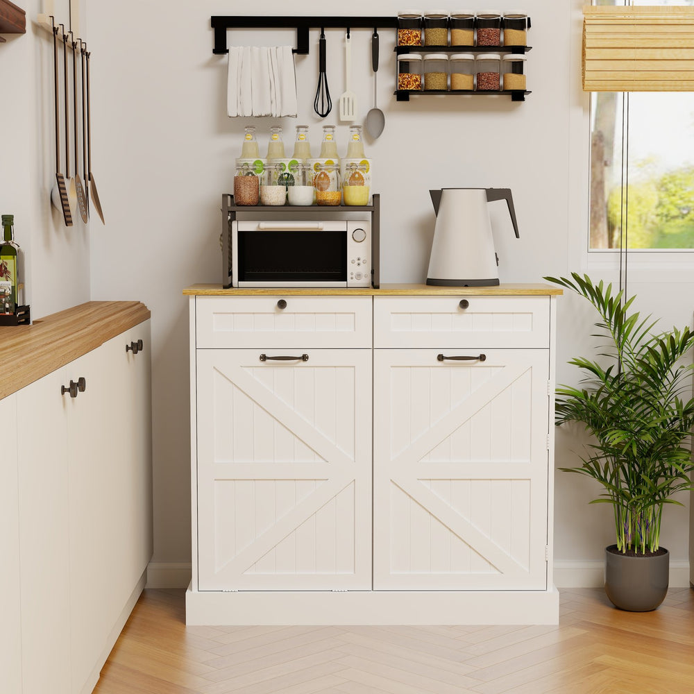 English Elm Kitchen Trash Can Storage Cabinet with Tilt-Out Bin, 2 Drawers, Door Rack & 2 Shelves — White, Durable UV Finish, 120 lb Load Capacity, Easy Assembly (44.1x21.9x7.9") W282P190996