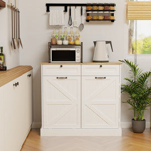 English Elm Kitchen Trash Can Storage Cabinet with Tilt-Out Bin, 2 Drawers, Door Rack & 2 Shelves — White, Durable UV Finish, 120 lb Load Capacity, Easy Assembly (44.1x21.9x7.9") W282P190996