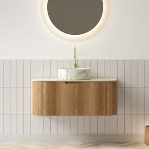 English Elm Dina Floating Bathroom Vanity Sintered Stone Top Glass Basin Striped Plywood Cabinet W2615S00509