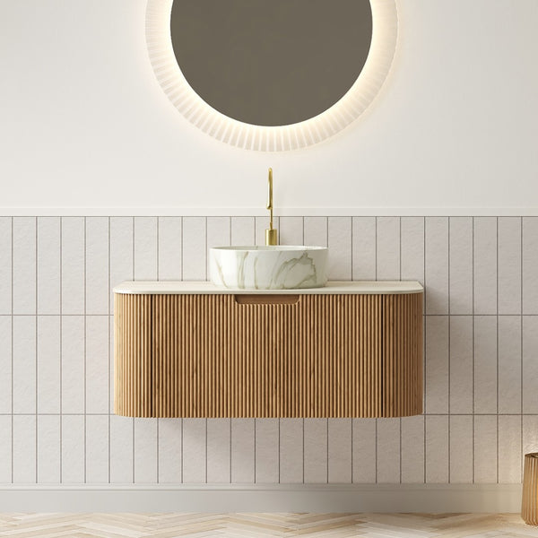 English Elm Dina Floating Bathroom Vanity Sintered Stone Top Glass Basin Striped Plywood Cabinet W2615S00509