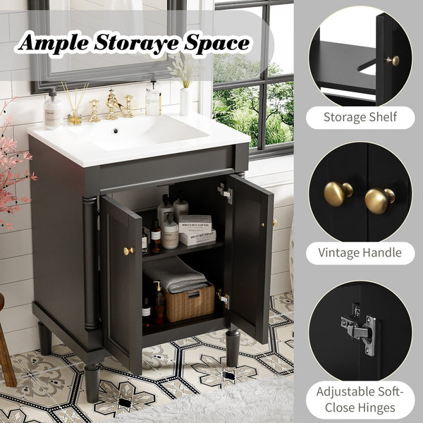 English Elm 24'' Modern Bathroom Vanity with Ceramic Basin, Solid Wood Frame, Soft-Close Doors, Ample Storage Black N710P190503B