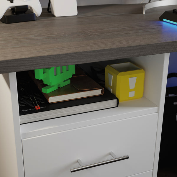 English Elm Gaming Desk White Finish with Dual Drawers & Adjustable Shelf for Cooling Airflow, Modern Durable Design B356P402674