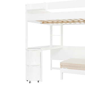English Elm Full Size Loft Bed with Rotating Desk Led Lighting Sofa and Bookshelf Storage White LT000200AAK