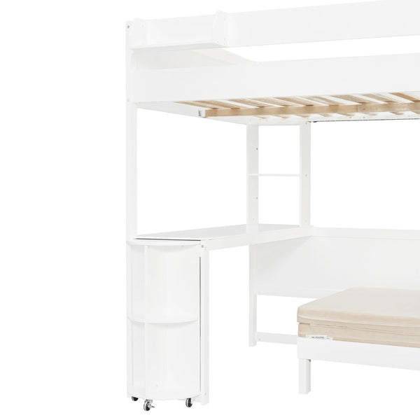 English Elm Full Size Loft Bed with Rotating Desk Led Lighting Sofa and Bookshelf Storage White LT000200AAK