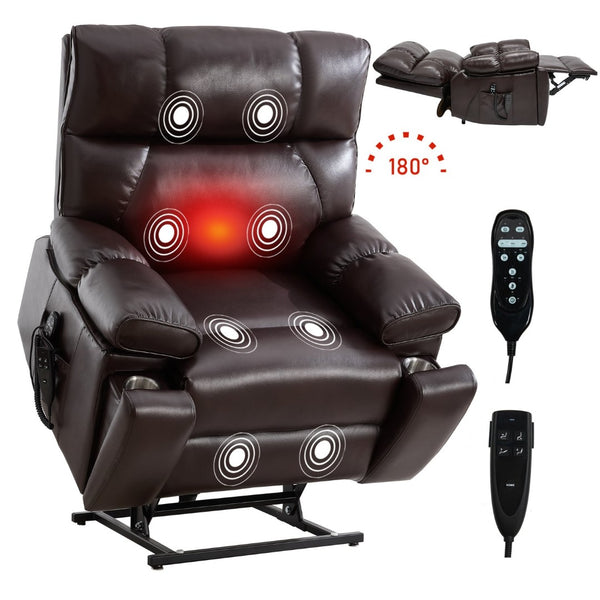 English Elm Brown Leatheraire Power Lift Recliner Dual Motor Massage Heat Heavy Duty 350lb W1803P340308