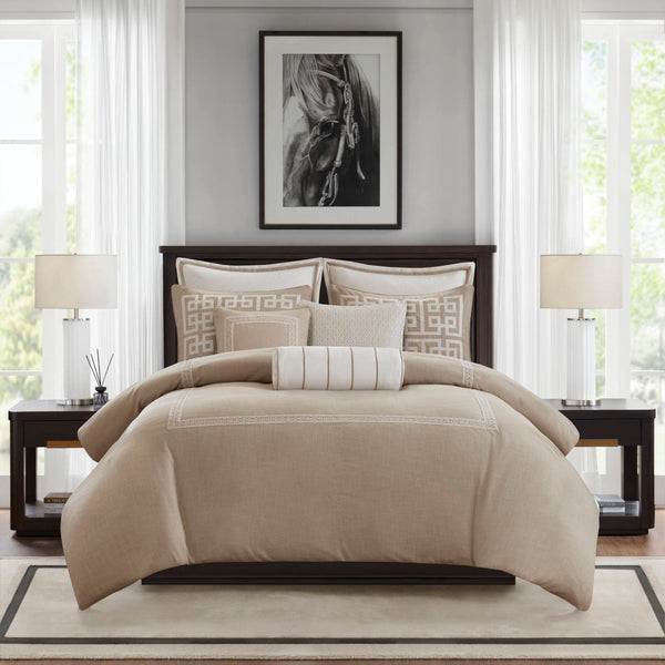 English Elm 8-piece Queen Bedding Set Slub Fabric Embroidery Velvet Accents Boutique Hotel Style Taupe B035P482953