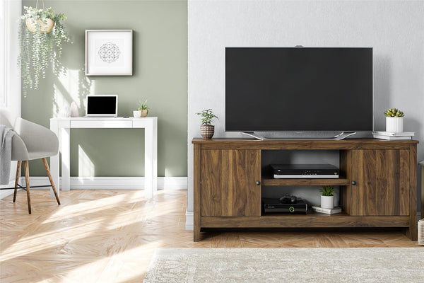 English Elm Tv Stand for 65 Inch Screens with Open Shelves Cabinets and Wire Management B2733P436849
