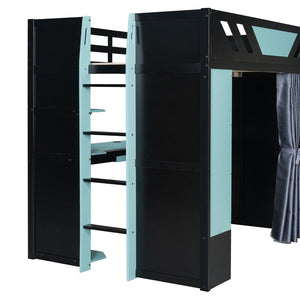English Elm Full Size Loft Bed with Desk Blackout Curtains Rgb Lighting and Integrated Storage Black+Blue LT000377AAC