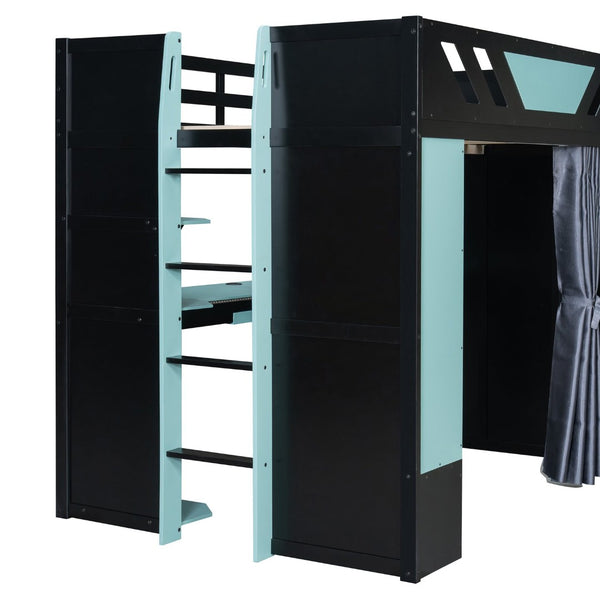 English Elm Full Size Loft Bed with Desk Blackout Curtains Rgb Lighting and Integrated Storage Black+Blue LT000377AAC