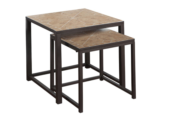 English Elm Nesting Mosaic Tile Tables Set of 2 — Brown Terracotta Tops, Reinforced Metal Bases, Space-Saving Accent B2710P219209