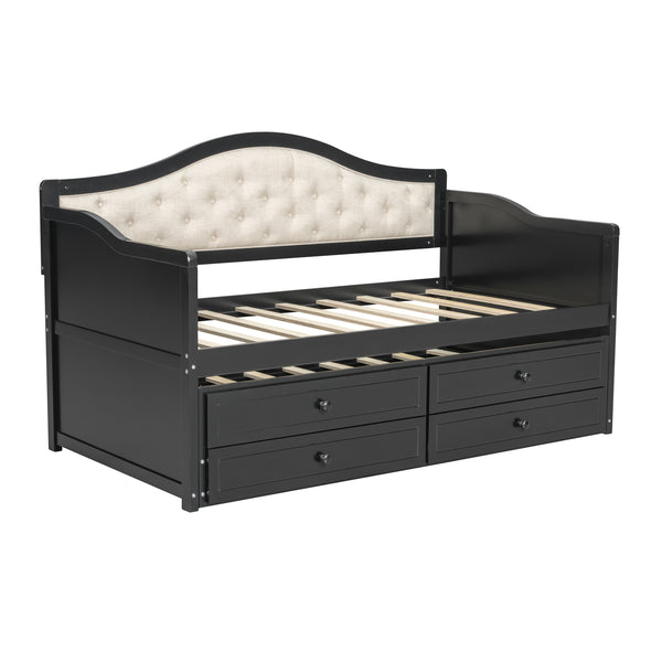 English Elm Twin Daybed with Trundle and 2 Storage Drawers, Upholstered Button-Tufted Sofa Bed for Guest Room Comfort and Organization Black 45.25 L x 19 W x 8 H N733S346767P