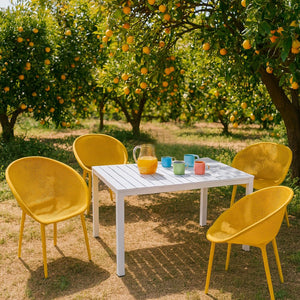 English Elm 2-Pack Modern Lounge Chairs with 55" Long Table – All-Weather PP & Metal, UV-Resistant, Ergonomic Comfort Earthy Yellow,White W3450S00006