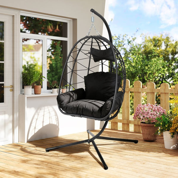 English Elm Hanging Egg Chair with Stand Pe Wicker Ergonomic Swing Seat for Patio or Bedroom T5880P497553