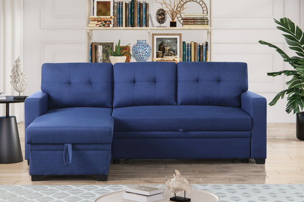 English Elm Convertible Upholstered Sectional Sofa with Pull-out Chaise Sleeper and Storage Blue B2730S00006