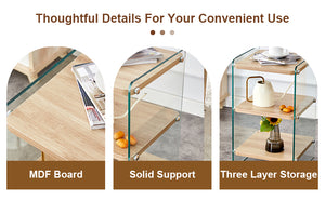 English Elm Three Triple-Layer Bedside Table with MDF Top & Tempered Glass Legs, Storage, Minimalist Warmth W1512P387008