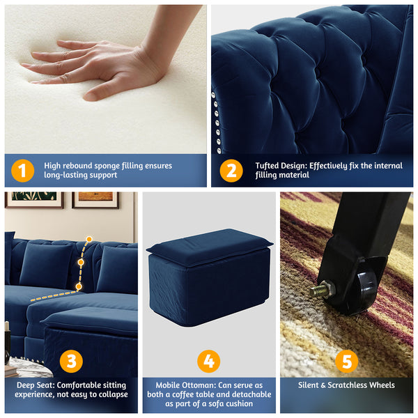 English Elm Chesterfield 3-In-1 Convertible Sofa Bed - Plush Velvet Sleeper With Ottoman & Tufted Design, Blue W1885S00175