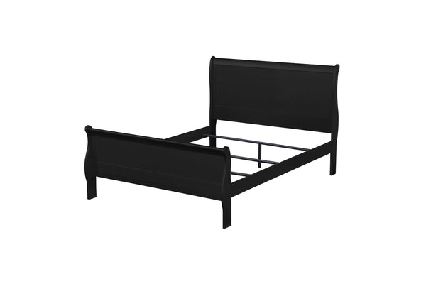 English Elm Louis Philippe Solid Wood Queen Bed Curved Sleigh Headboard Black Lacquer Finish B2726S00142