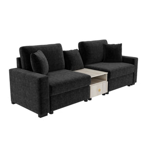 English Elm Modern Chenille Modular Sofa with Built-in Console Storage Armrest for Living Room Black N763S000063B