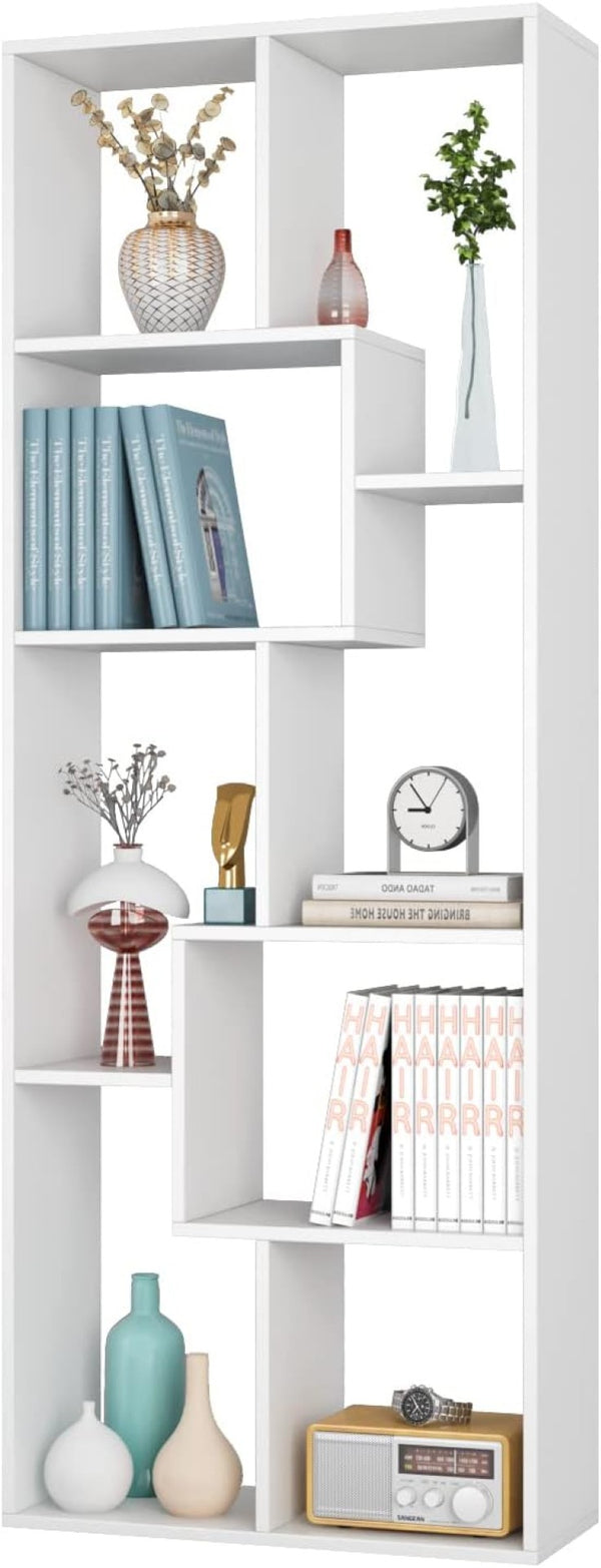 English Elm Asymmetrical Five Tier Geometric Bookcase Matte Sculptural Open Display Shelf White B372P431341