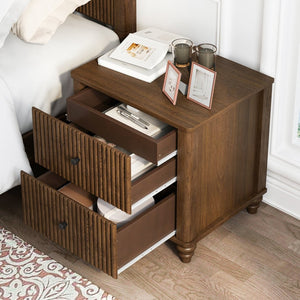 English Elm Fluted Oak Finish Nightstand with Three Drawers Mid Century Modern Bedroom Side Table Walnut W1716P298926
