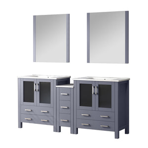 English Elm Dark Grey Double Bath Vanity 72" W With White Ceramic Top, Side Cabinets & 28" Mirrors For Elegance B2731S00596