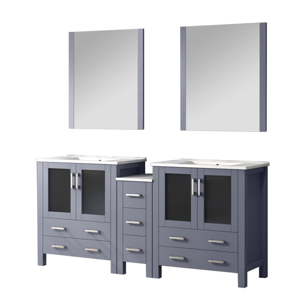 English Elm Dark Grey Double Bath Vanity 72" W With White Ceramic Top, Side Cabinets & 28" Mirrors For Elegance B2731S00596
