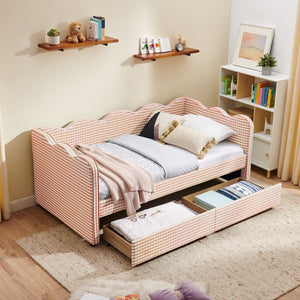 English Elm Twin Gingham Linen Daybed with Wave Silhouette Usb Port and Dual Storage Drawers Pink W1413S00142