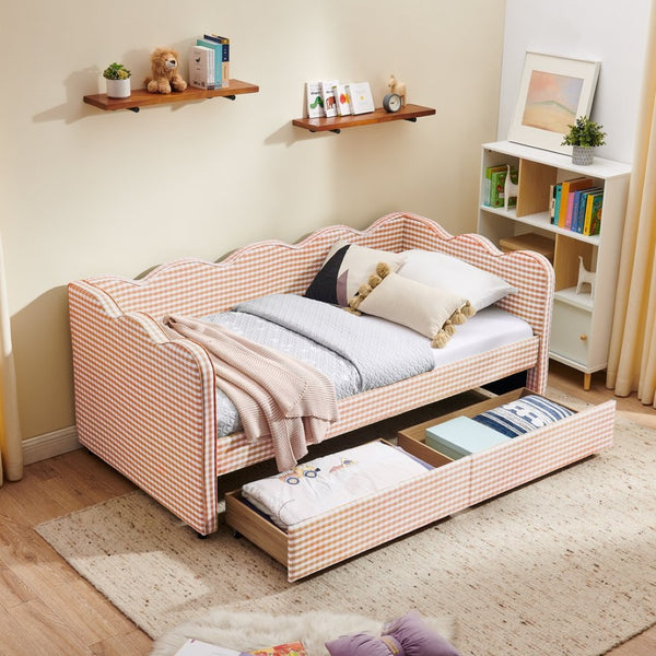 English Elm Twin Gingham Linen Daybed with Wave Silhouette Usb Port and Dual Storage Drawers Pink W1413S00142