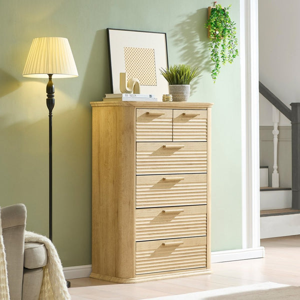 English Elm 6 Drawer Tall Fluted Chest with Waveform Fronts Slim Wooden Storage for Modern Bedroom Oak T5326P425103
