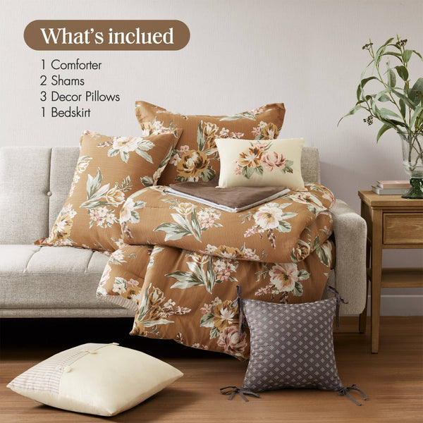 English Elm 7-piece Cal King Vintage Floral Comforter Set with Slub Cotton Reversible Stripe B035P440211