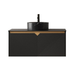 English Elm Dina Floating Bathroom Vanity Sintered Stone Top Glass Basin Striped Plywood Cabinet W2615S00525