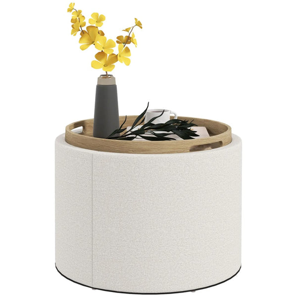English Elm Round Linen Upholstered Storage Ottoman with Flip Tray Lid for Living Room Decor T3971P399141