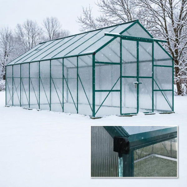 English Elm Outdoor Walk-in Aluminum Polycarbonate Greenhouse Kit with Roof Vent and Rain Gutter T3971S00236
