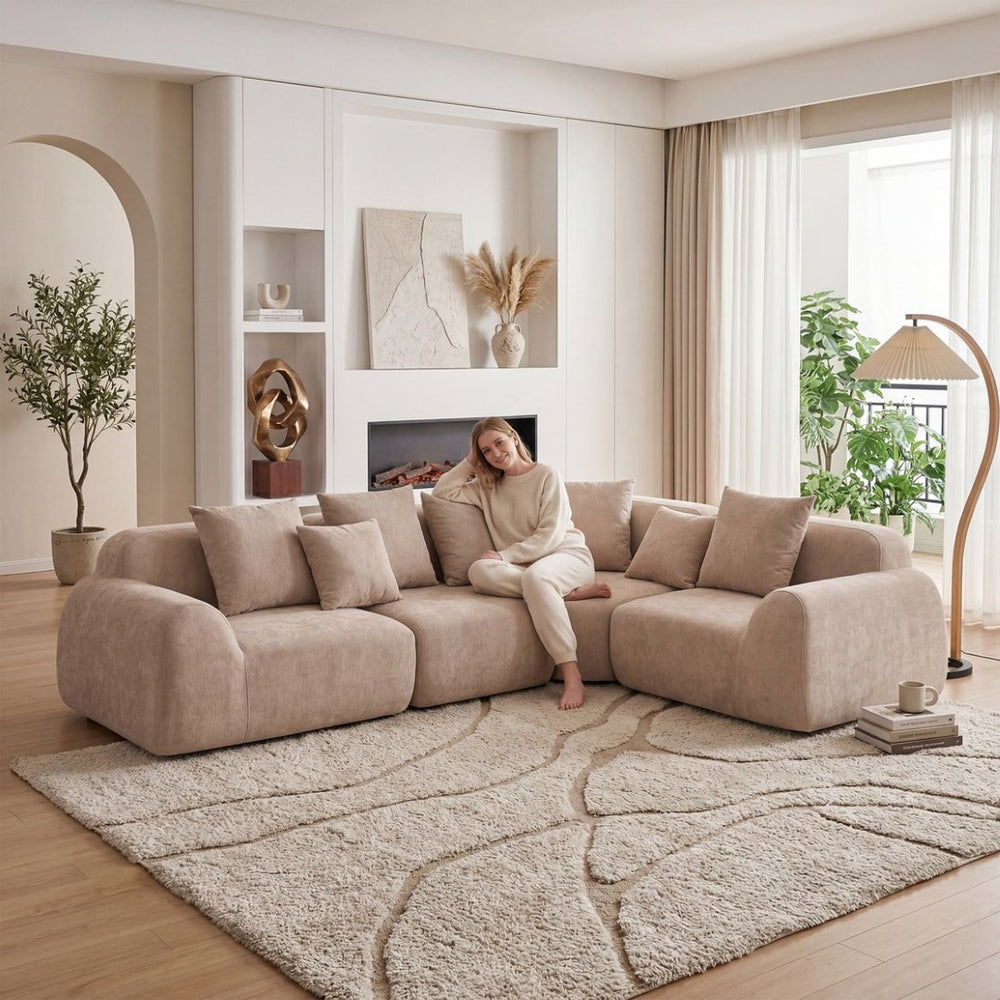 English Elm Oversized Velvet Cloud Sectional with Memory Foam Cushioning and L-shape Chaise Lounge Beige W3728S00013