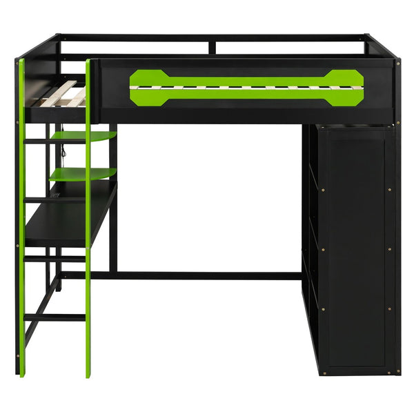 English Elm Full Size Gaming Loft Bed with Rgb Lighting Integrated Desk and Open Wardrobe Green N820S00073F