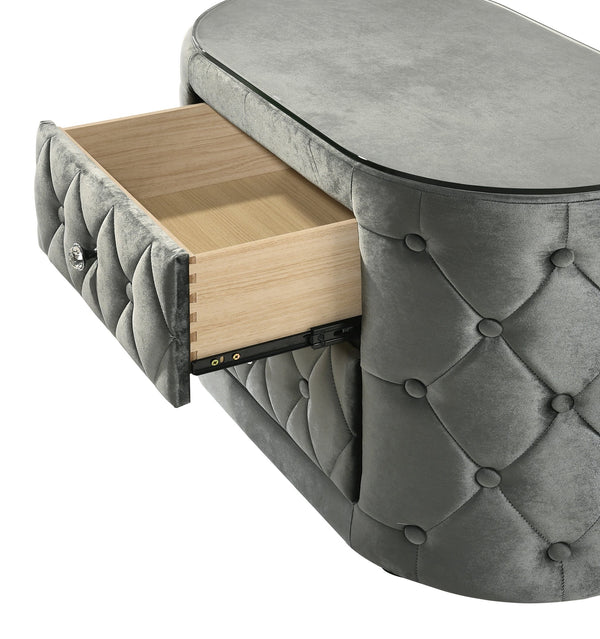 English Elm Luxurious Gray Oval Nightstand With Plush Tufted Upholstery & Tempered Glass Top - 2 Drawers! B2741P321011