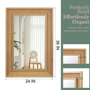 English Elm Natural Rattan Wrapped Solid Wood Frame Rectangle Mirror for Farmhouse Entryway Bath Natural Wood W2203P436620