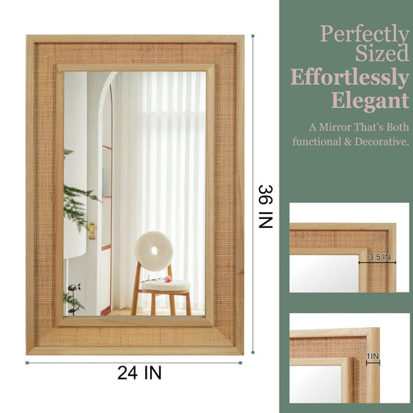 English Elm Natural Rattan Wrapped Solid Wood Frame Rectangle Mirror for Farmhouse Entryway Bath Natural Wood W2203P436620