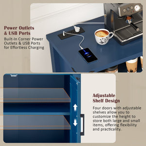 English Elm U_style 59 Inch Sideboard Buffet with Built in Power Outlets Open Cubbies Metal Accents Navy Blue N711P347407V